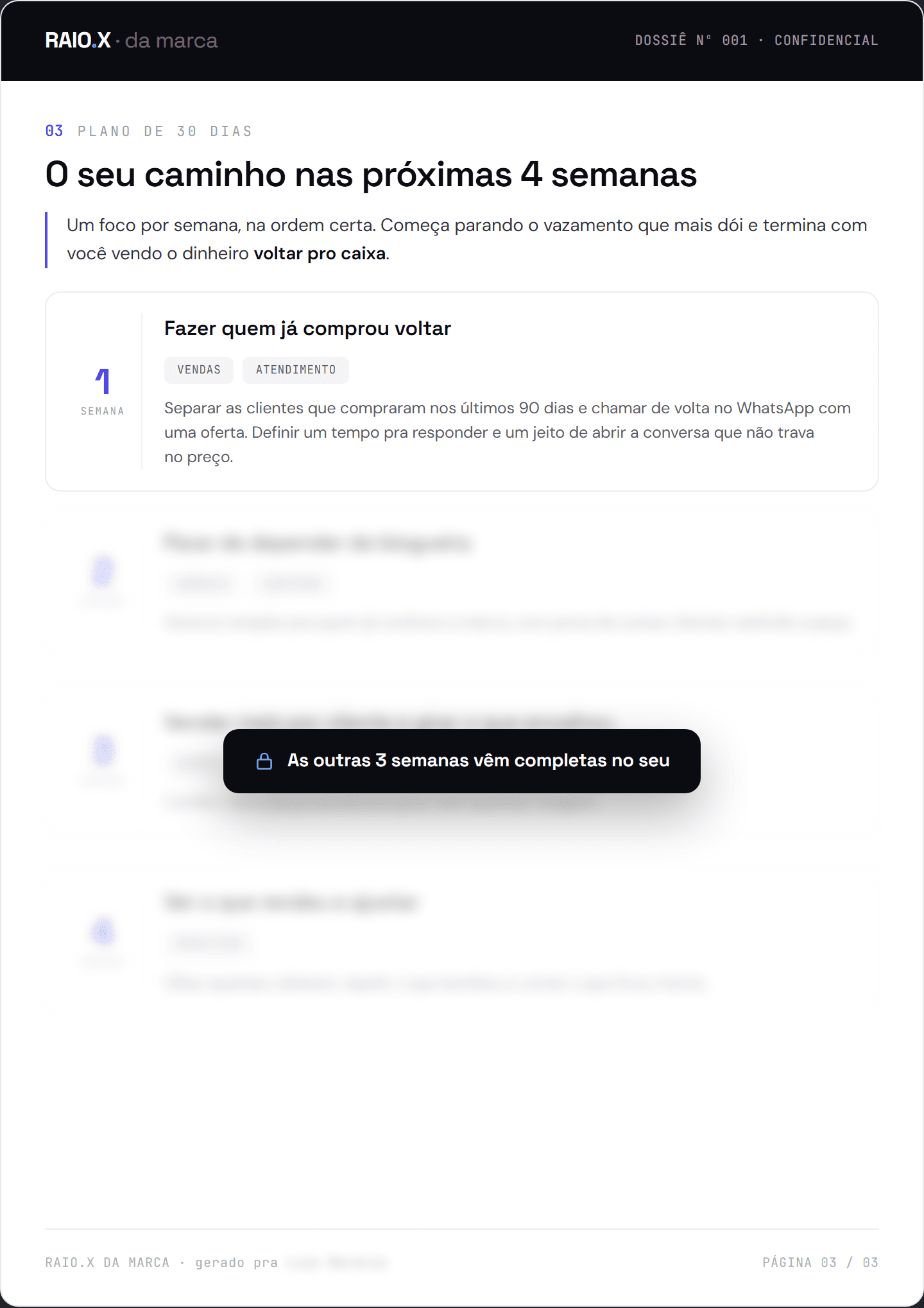 Folha do relatório: plano de 30 dias com a semana 1 legível e as semanas seguintes borradas, com o selo 'o seu vem completo'